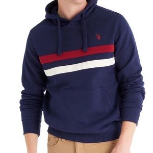 US Polo Assn Men’s Striped Pullover Fleece Hoodie Cotton Blend Navy Blue Size L
